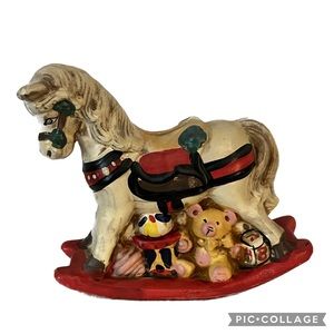 Vtg Ceramic Enesco White Rocking Horse & Toys  Piggy Coin Bank With Plug
